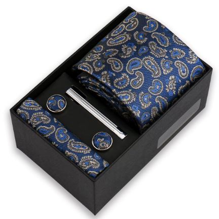 Men's Necktie & Pocket Square Set with Tie Clip and Cufflinks