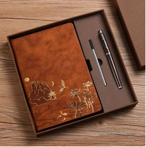 A5 PU Leather Notebook & Metal Pen Gift Set, Executive Journal | Includes Pen Refill, 21 x 14.5 cm Size, Weekly Lined Pages, Corporate Office Use, Gift Box Included