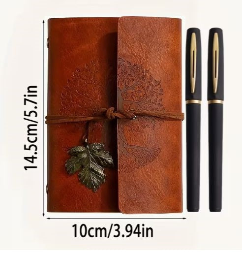 Vintage PU Leather Notebook with 2 Pens, Tree Design, 3-Piece Set | Notes 3pcs Set, Vintage Spiral Notebook And 2 Stylish Black Golden Neutral Pens, Featuring a Whimsical Tree Design