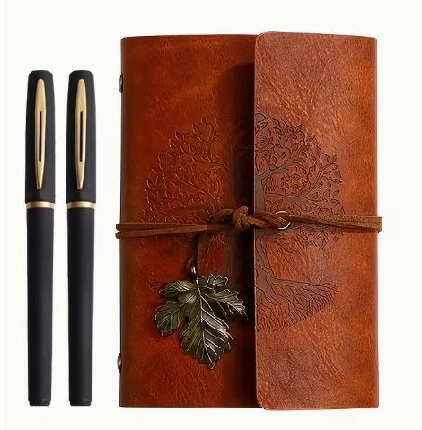Vintage PU Leather Notebook with 2 Pens, Tree Design, 3-Piece Set | Notes 3pcs Set, Vintage Spiral Notebook And 2 Stylish Black Golden Neutral Pens, Featuring a Whimsical Tree Design