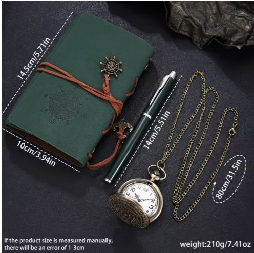 Retro Quartz Pocket Watch, Leather Journal and Pen Gift Set | 3-Piece Set, Kraft Paper Notebook, 80cm Chain Included, Gift Box Included, Vintage Pirate Design