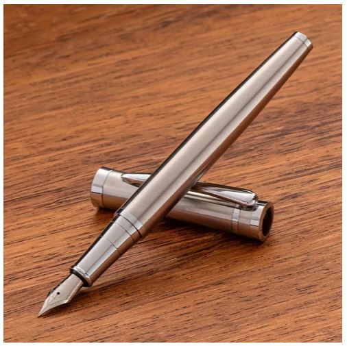 Metal Fountain Pen without Ink, 0.5mm Nib, Multi Colours (Silver) | Mutli Tone Accents, 138 x 12mm Size, 39g Weight, Promotional Writing Pen, Metallic Finish