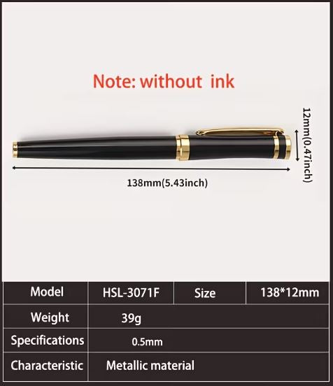 Metal Fountain Pen without Ink, 0.5mm Nib, (Gold Colour) | Gold-Tone Accents, 138 x 12mm Size, 39g Weight, Promotional Writing Pen, Metallic Finish