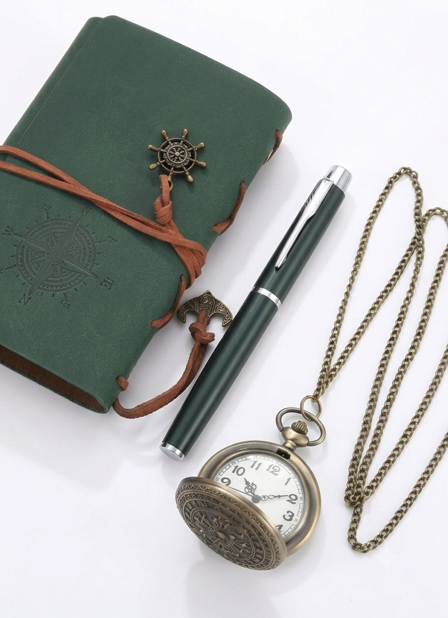 Retro Quartz Pocket Watch, Leather Journal and Pen Gift Set | 3-Piece Set, Kraft Paper Notebook, 80cm Chain Included, Gift Box Included, Vintage Pirate Design